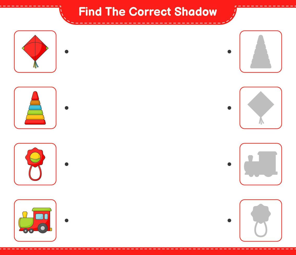 encontrar la sombra correcta. encuentra y combina la sombra correcta del juguete piramidal, el sonajero, la cometa y el tren. juego educativo para niños, hoja de cálculo imprimible, ilustración vectorial vector