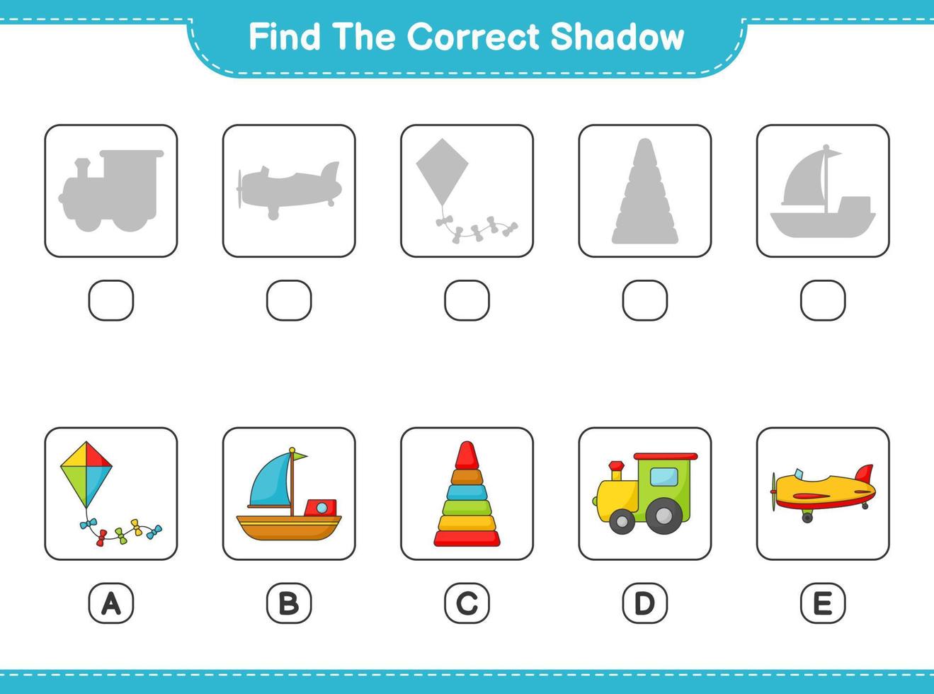 Find the correct shadow. Find and match the correct shadow of Pyramid Toy, Train, Kite, Plane, and Boat. Educational children game, printable worksheet, vector illustration