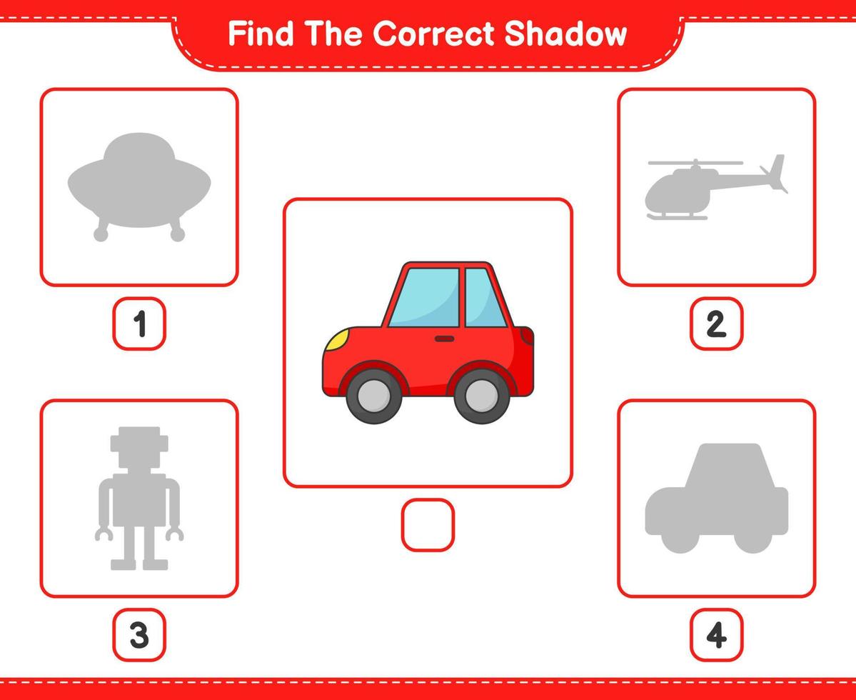 encontrar la sombra correcta. encontrar y hacer coincidir la sombra correcta del coche. juego educativo para niños, hoja de cálculo imprimible, ilustración vectorial vector