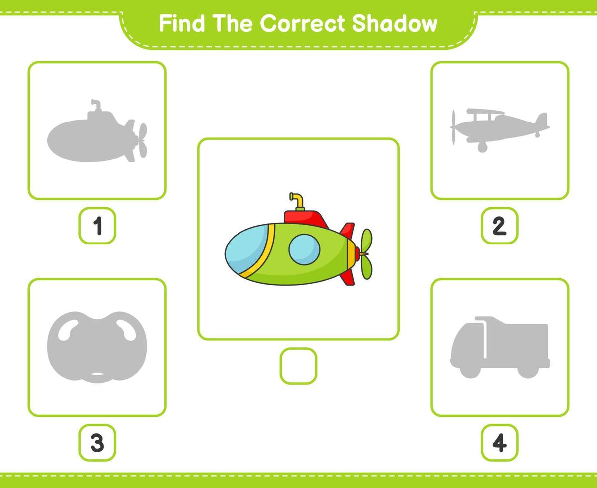 Find the correct shadow. Find and match the correct shadow of Submarine. Educational children game, printable worksheet, vector illustration