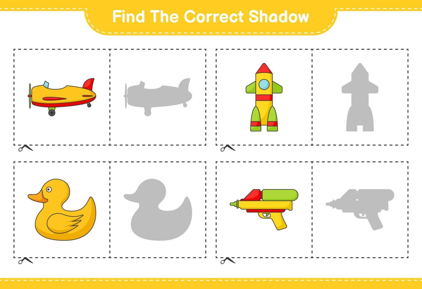 Find the correct shadow. Find and match the correct shadow of Plane, Rocket, Rubber Duck, and Water Gun. Educational children game, printable worksheet, vector illustration