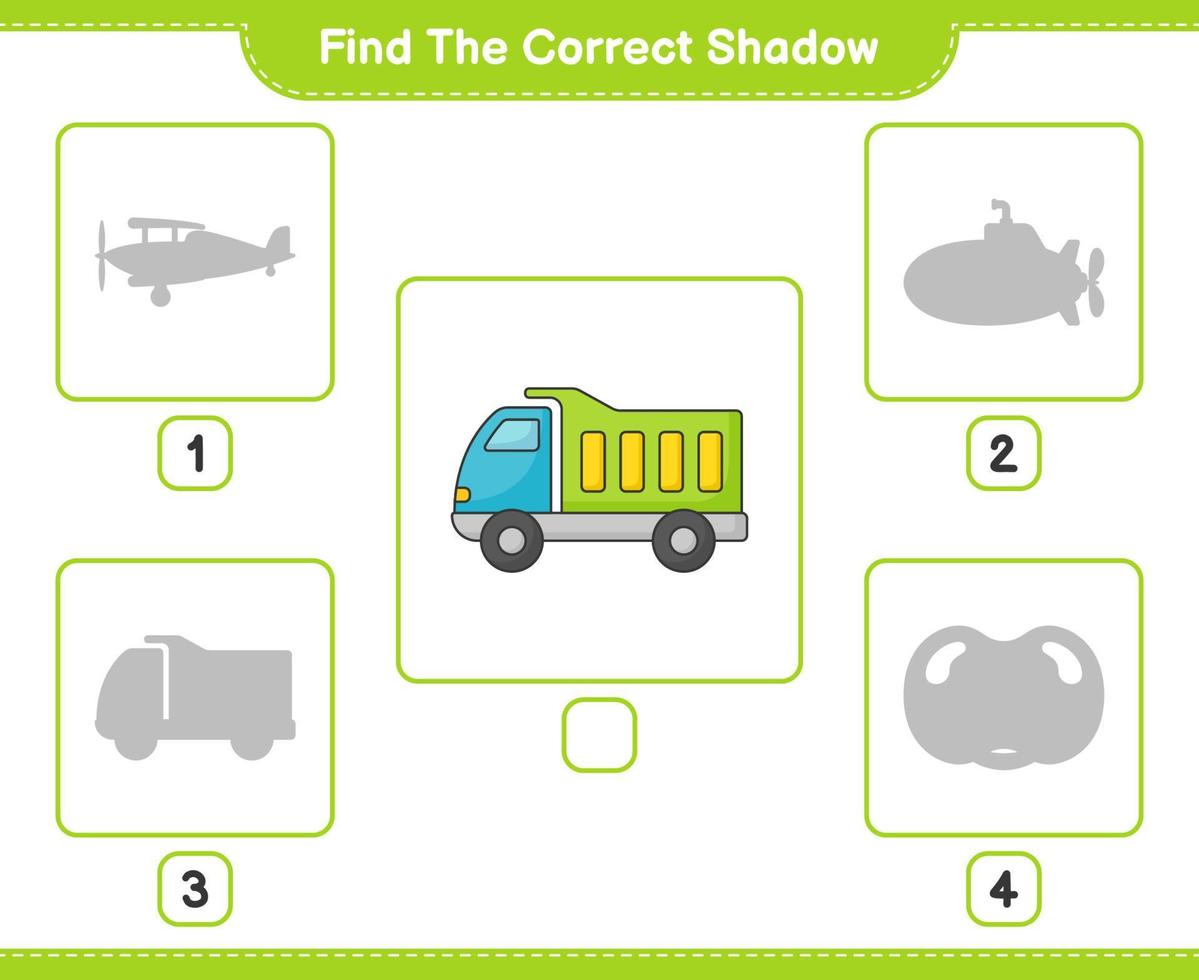 encontrar la sombra correcta. encontrar y hacer coincidir la sombra correcta del camión. juego educativo para niños, hoja de cálculo imprimible, ilustración vectorial vector