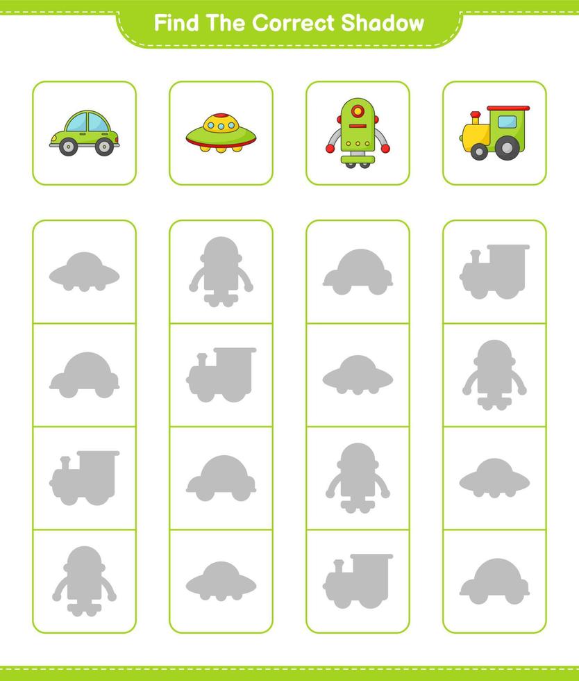 Find the correct shadow. Find and match the correct shadow of Train, Robot Character, Car, and Ufo. Educational children game, printable worksheet, vector illustration