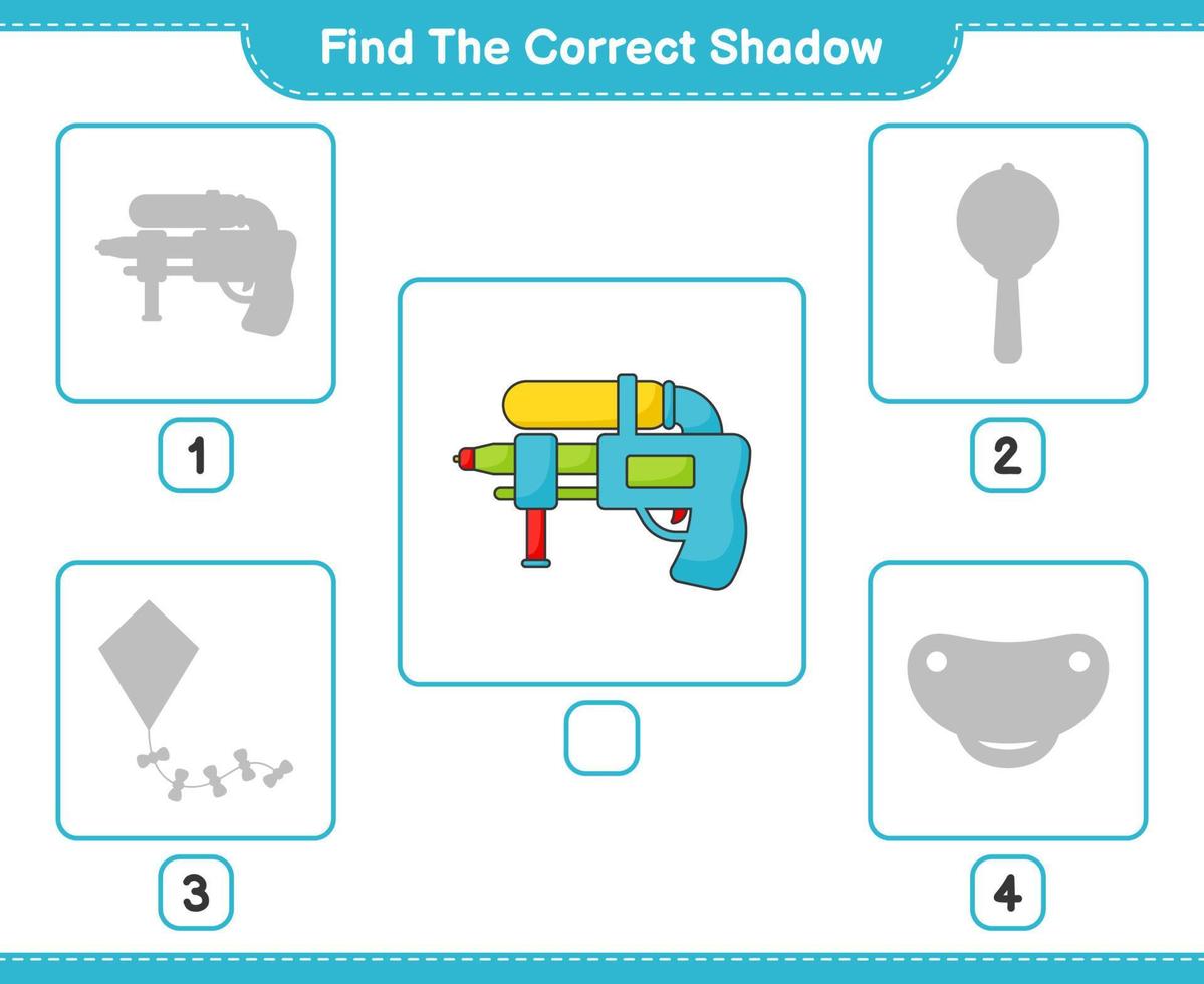 Find the correct shadow. Find and match the correct shadow of Water Gun. Educational children game, printable worksheet, vector illustration