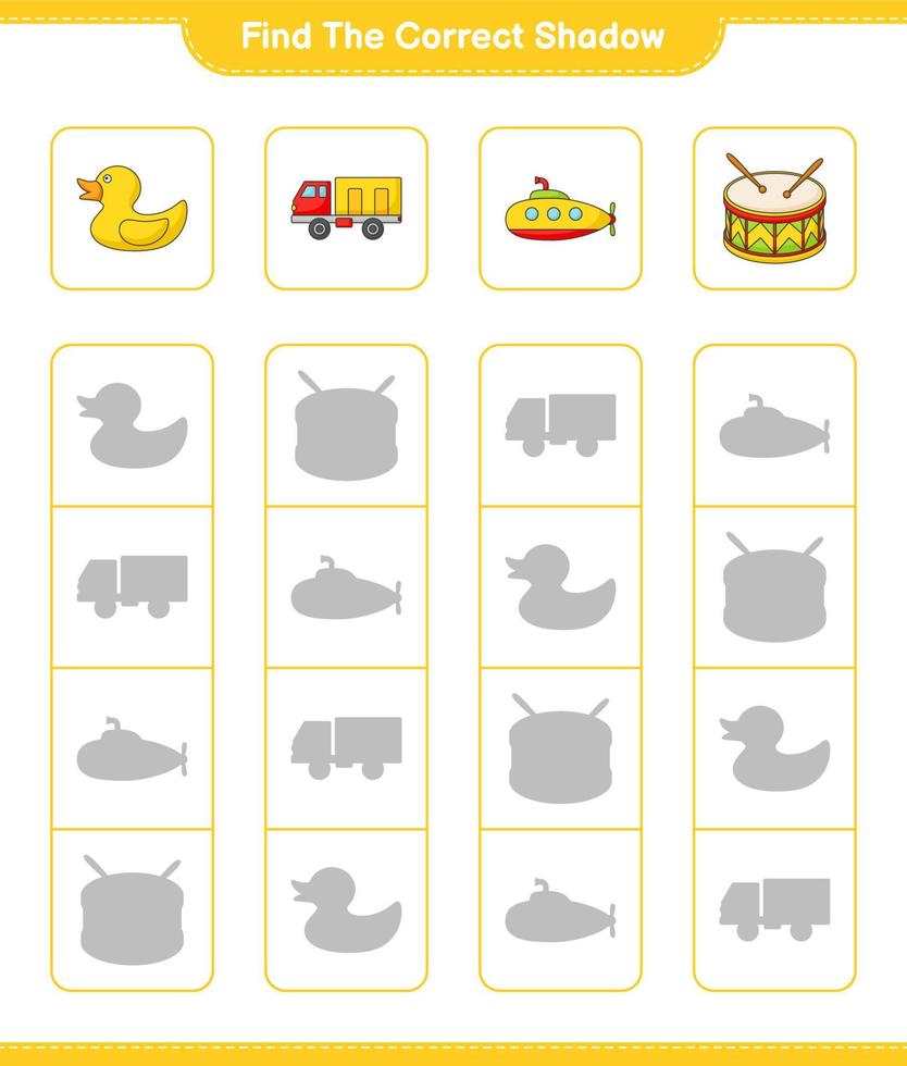 Find the correct shadow. Find and match the correct shadow of Submarine, Rubber Duck, Lorry, and Drum. Educational children game, printable worksheet, vector illustration