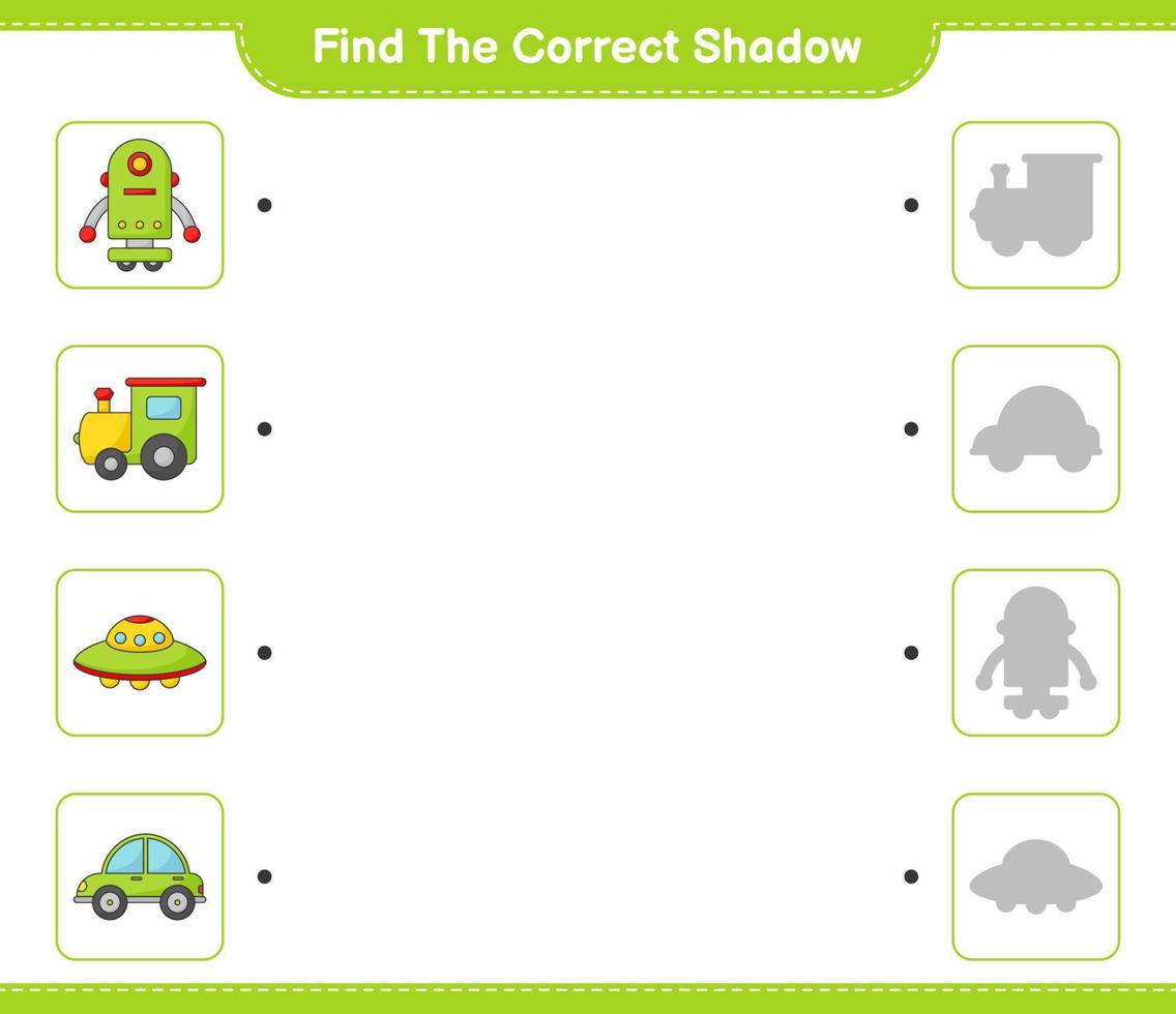 Find the correct shadow. Find and match the correct shadow of Train, Robot Character, Car, and Ufo. Educational children game, printable worksheet, vector illustration