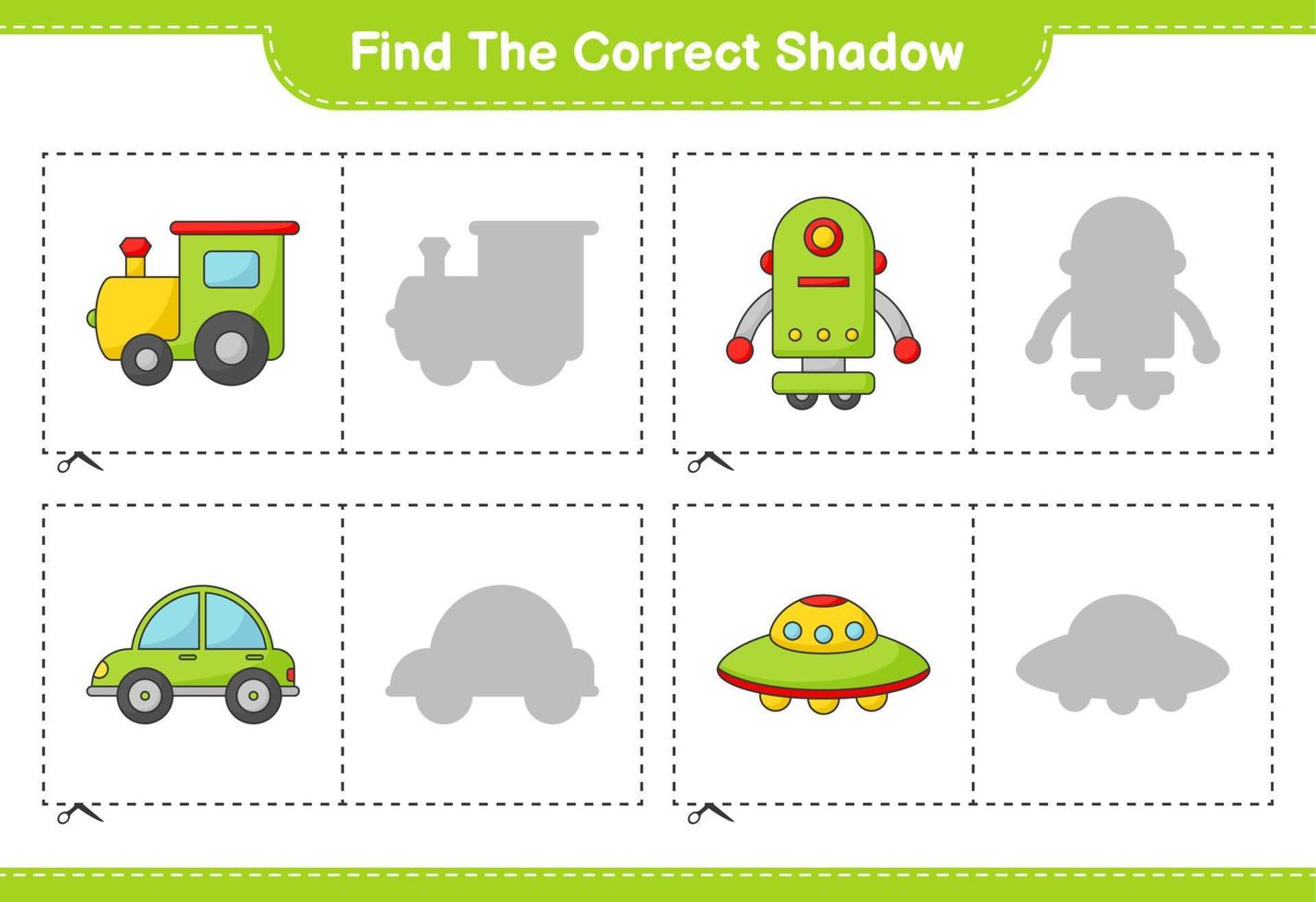 encontrar la sombra correcta. encuentre y combine la sombra correcta del tren, el personaje del robot, el automóvil y el ovni. juego educativo para niños, hoja de cálculo imprimible, ilustración vectorial vector