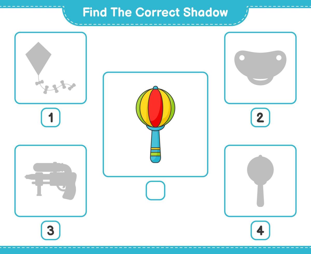 encontrar la sombra correcta. encuentra y combina la sombra correcta del sonajero. juego educativo para niños, hoja de cálculo imprimible, ilustración vectorial vector