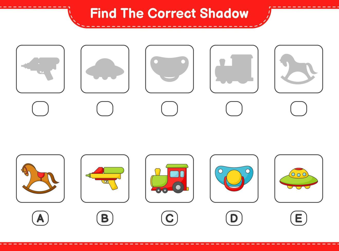 Find the correct shadow. Find and match the correct shadow of Train, Ufo, Pacifier, Water Gun, and Rocking Horse. Educational children game, printable worksheet, vector illustration