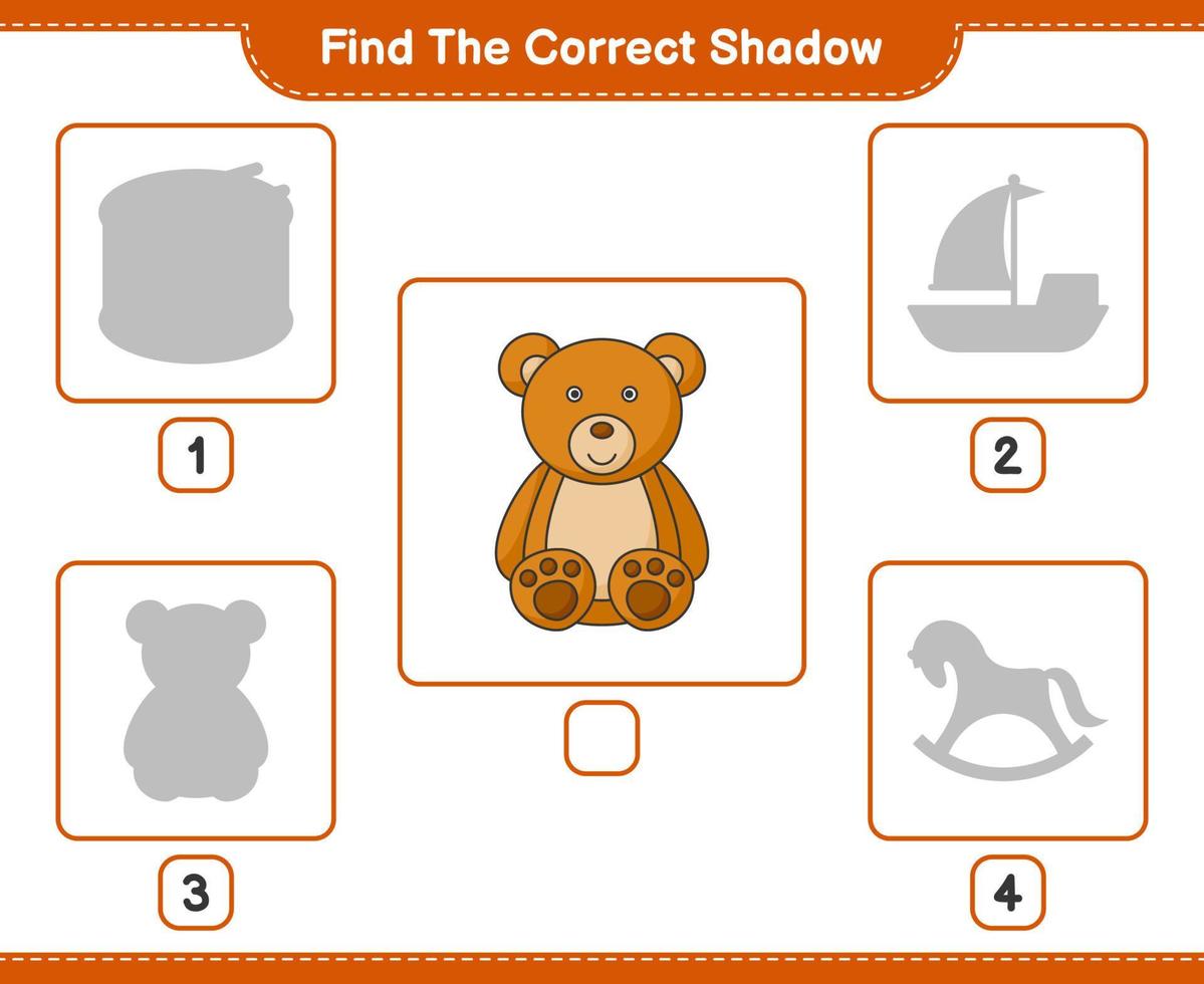 encontrar la sombra correcta. encuentra y combina la sombra correcta del oso de peluche. juego educativo para niños, hoja de cálculo imprimible, ilustración vectorial vector