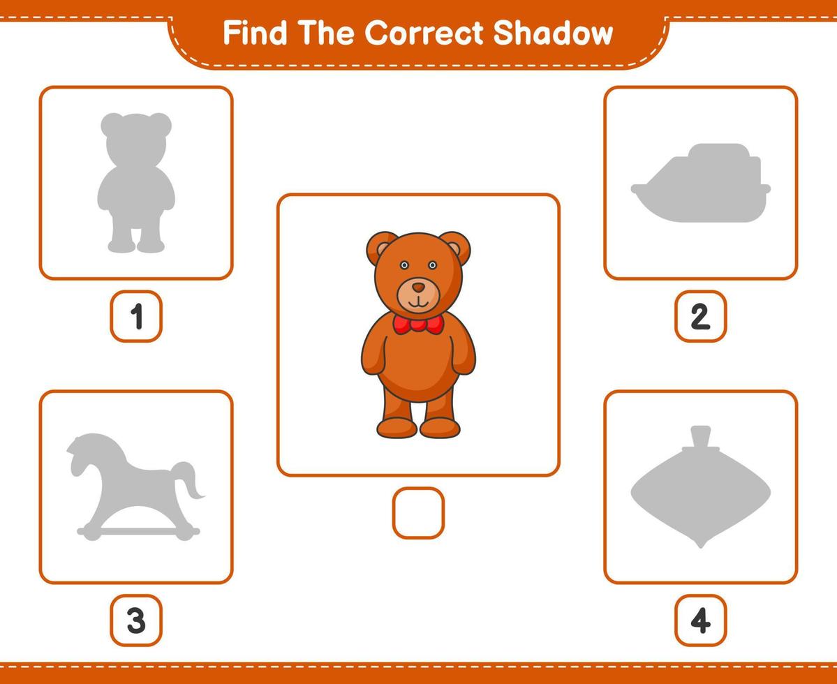 encontrar la sombra correcta. encuentra y combina la sombra correcta del oso de peluche. juego educativo para niños, hoja de cálculo imprimible, ilustración vectorial vector