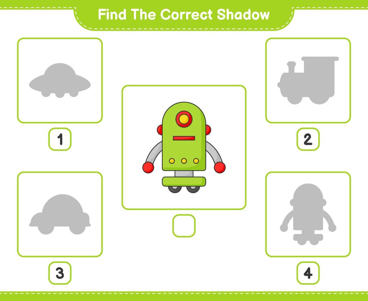 Find the correct shadow. Find and match the correct shadow of Robot Character. Educational children game, printable worksheet, vector illustration