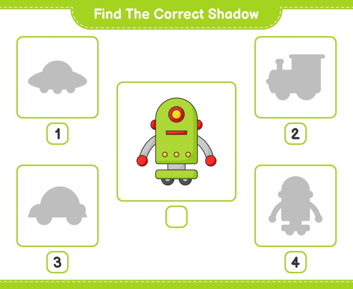 Find the correct shadow. Find and match the correct shadow of Robot Character. Educational children game, printable worksheet, vector illustration