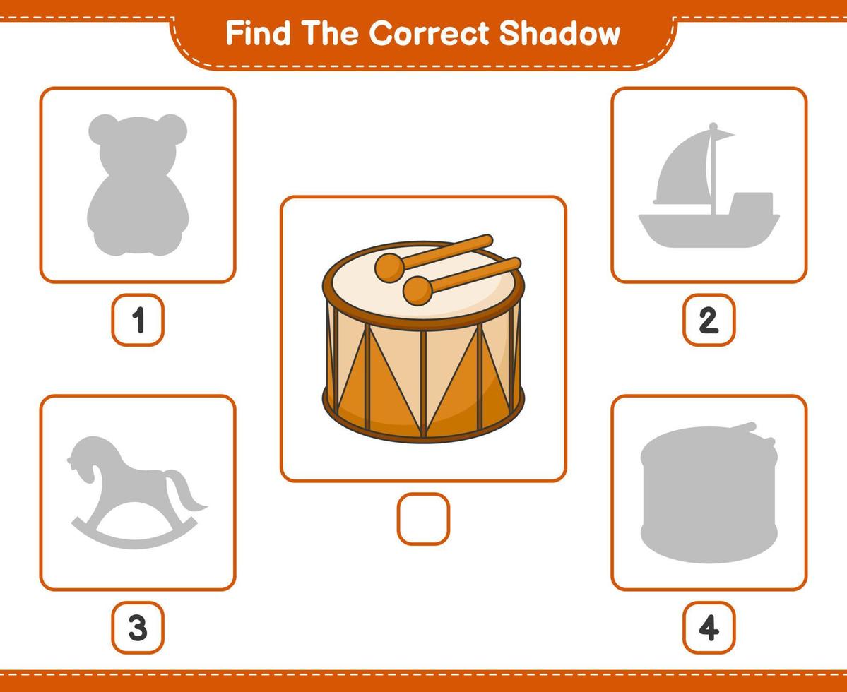 encontrar la sombra correcta. encuentra y combina la sombra correcta del tambor. juego educativo para niños, hoja de cálculo imprimible, ilustración vectorial vector