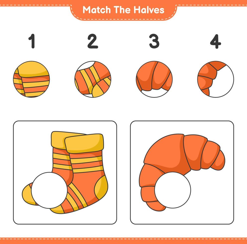 Empareja las mitades. combine las mitades de los calcetines y el croissant. juego educativo para niños, hoja de cálculo imprimible, ilustración vectorial vector