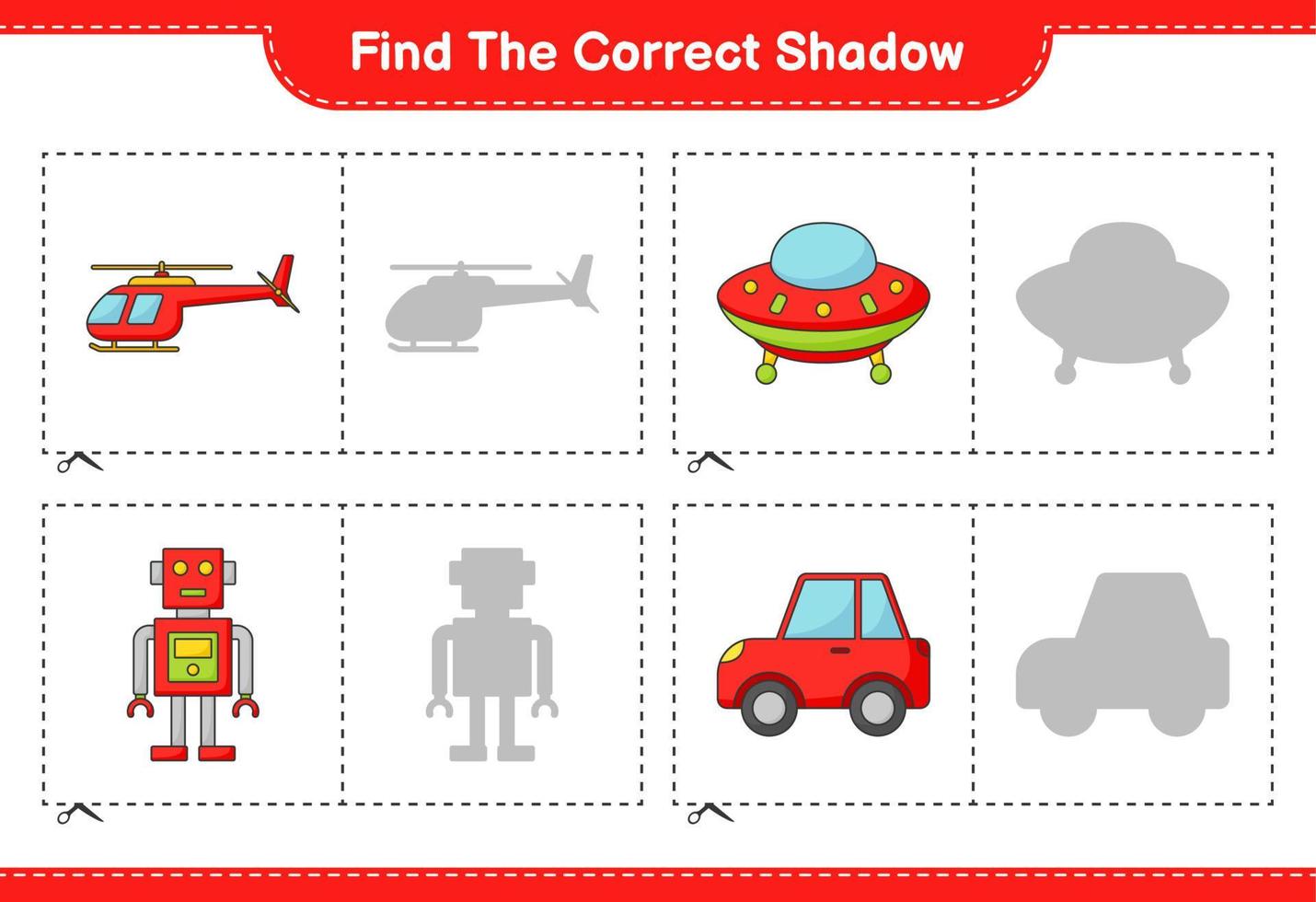 Find the correct shadow. Find and match the correct shadow of Helicopter, Ufo, Robot Character, and Car. Educational children game, printable worksheet, vector illustration