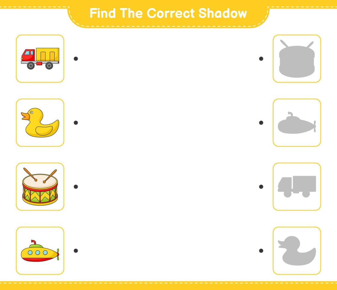 encontrar la sombra correcta. encuentra y combina la sombra correcta del submarino, el patito de goma, el camión y el tambor. juego educativo para niños, hoja de cálculo imprimible, ilustración vectorial vector