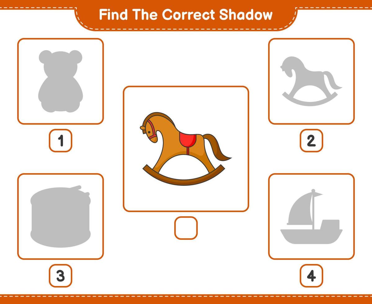 Find the correct shadow. Find and match the correct shadow of Rocking Horse. Educational children game, printable worksheet, vector illustration