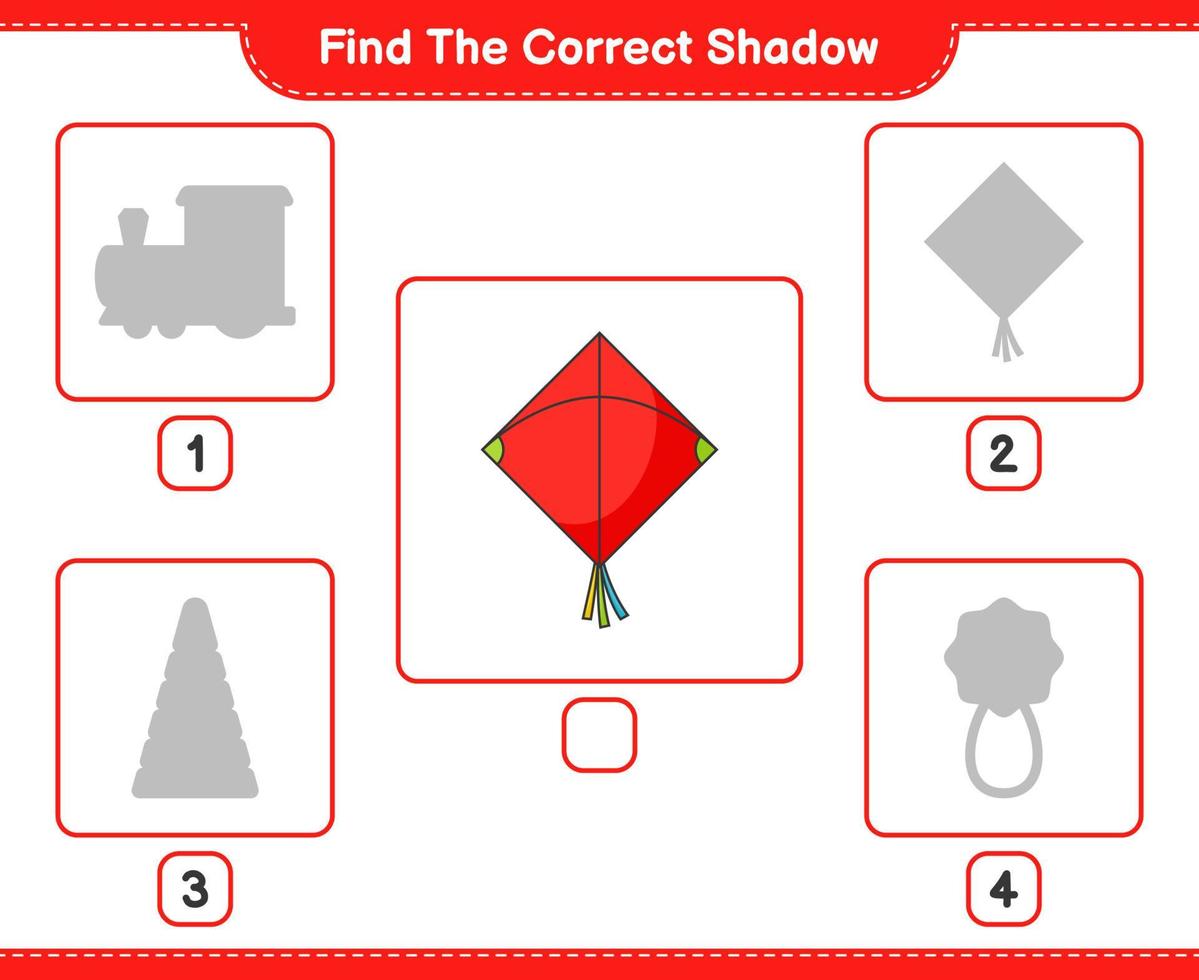 Find the correct shadow. Find and match the correct shadow of Kite. Educational children game, printable worksheet, vector illustration
