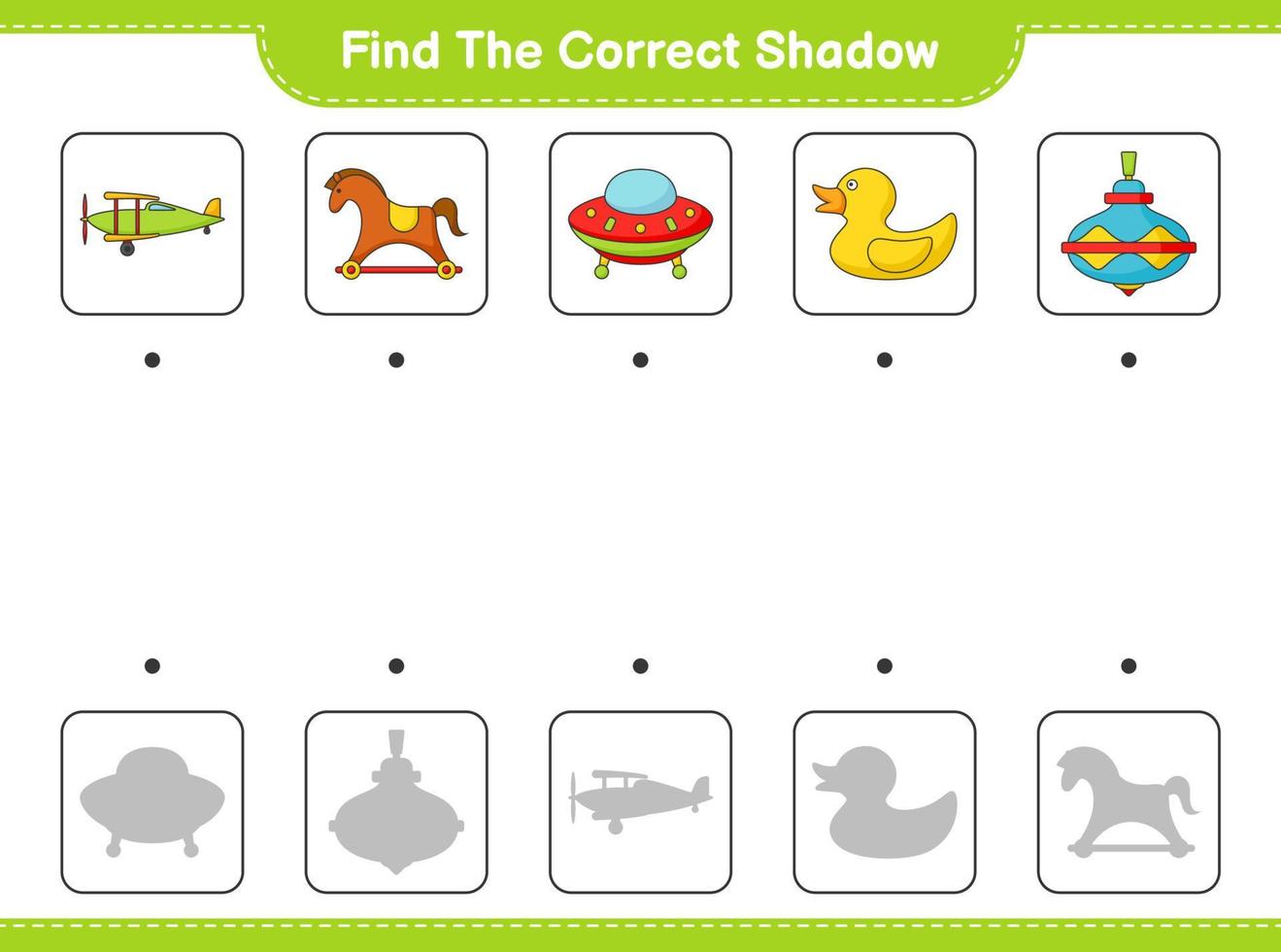 Find the correct shadow. Find and match the correct shadow of Ufo, Plane, Whirligig Toy, Rubber Duck, and Rocking Horse. Educational children game, printable worksheet, vector illustration