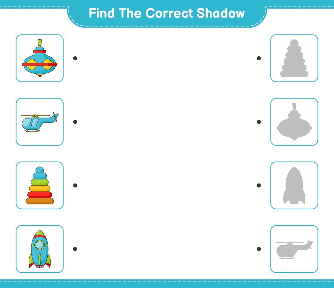 Find the correct shadow. Find and match the correct shadow of Pyramid Toy, Whirligig Toy, Rocket, and Helicopter. Educational children game, printable worksheet, vector illustration