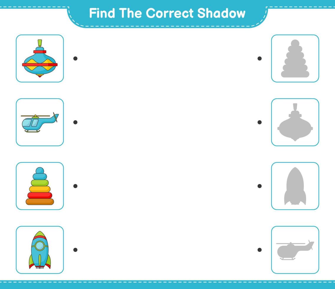 encontrar la sombra correcta. encuentra y combina la sombra correcta del juguete piramidal, el juguete giratorio, el cohete y el helicóptero. juego educativo para niños, hoja de cálculo imprimible, ilustración vectorial vector