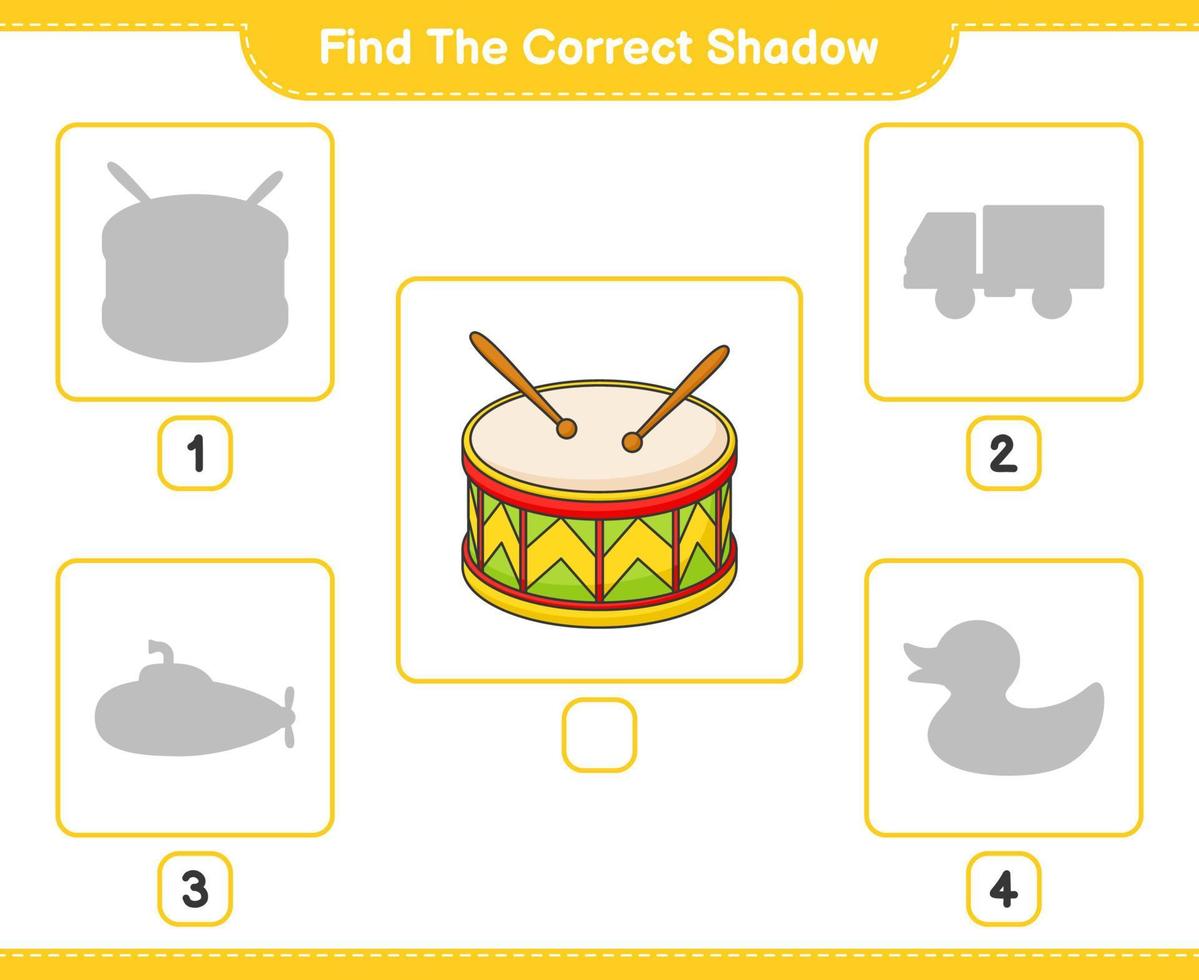 encontrar la sombra correcta. encuentra y combina la sombra correcta del tambor. juego educativo para niños, hoja de cálculo imprimible, ilustración vectorial vector