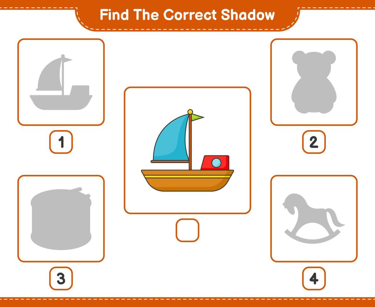 Find the correct shadow. Find and match the correct shadow of Boat. Educational children game, printable worksheet, vector illustration