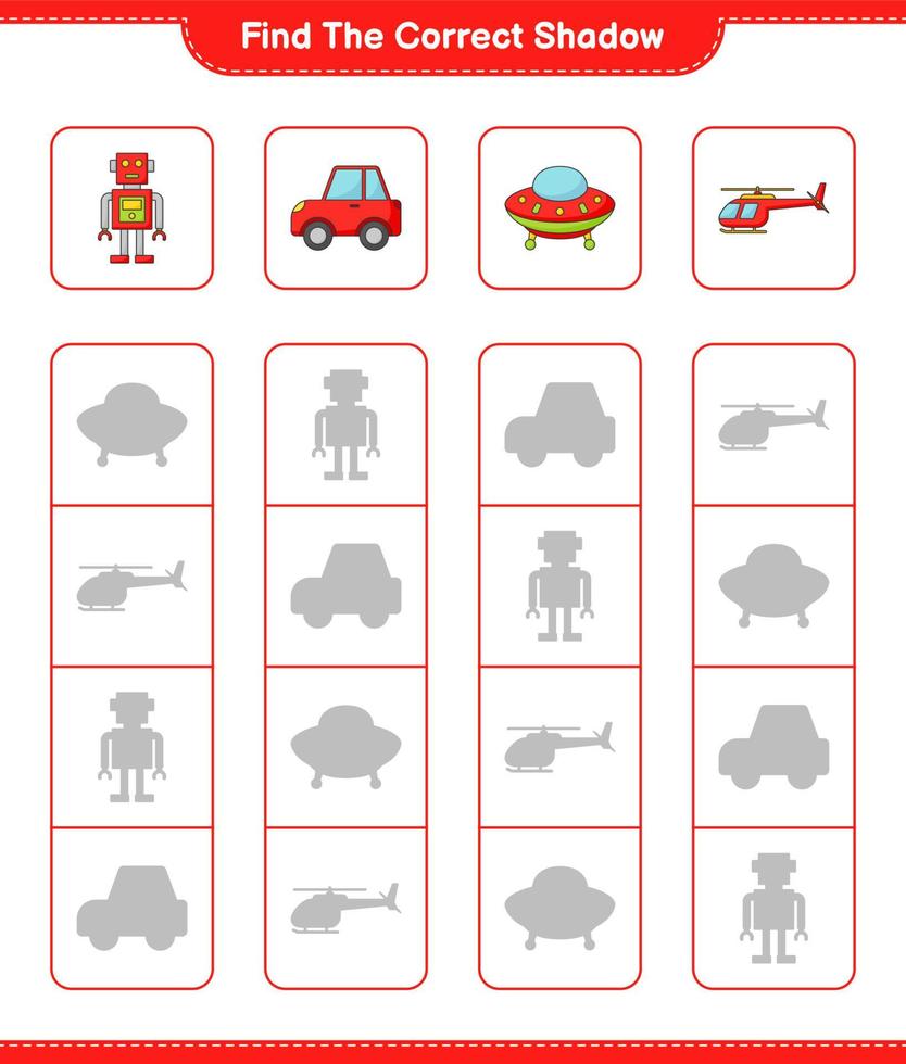 Find the correct shadow. Find and match the correct shadow of Helicopter, Ufo, Robot Character, and Car. Educational children game, printable worksheet, vector illustration