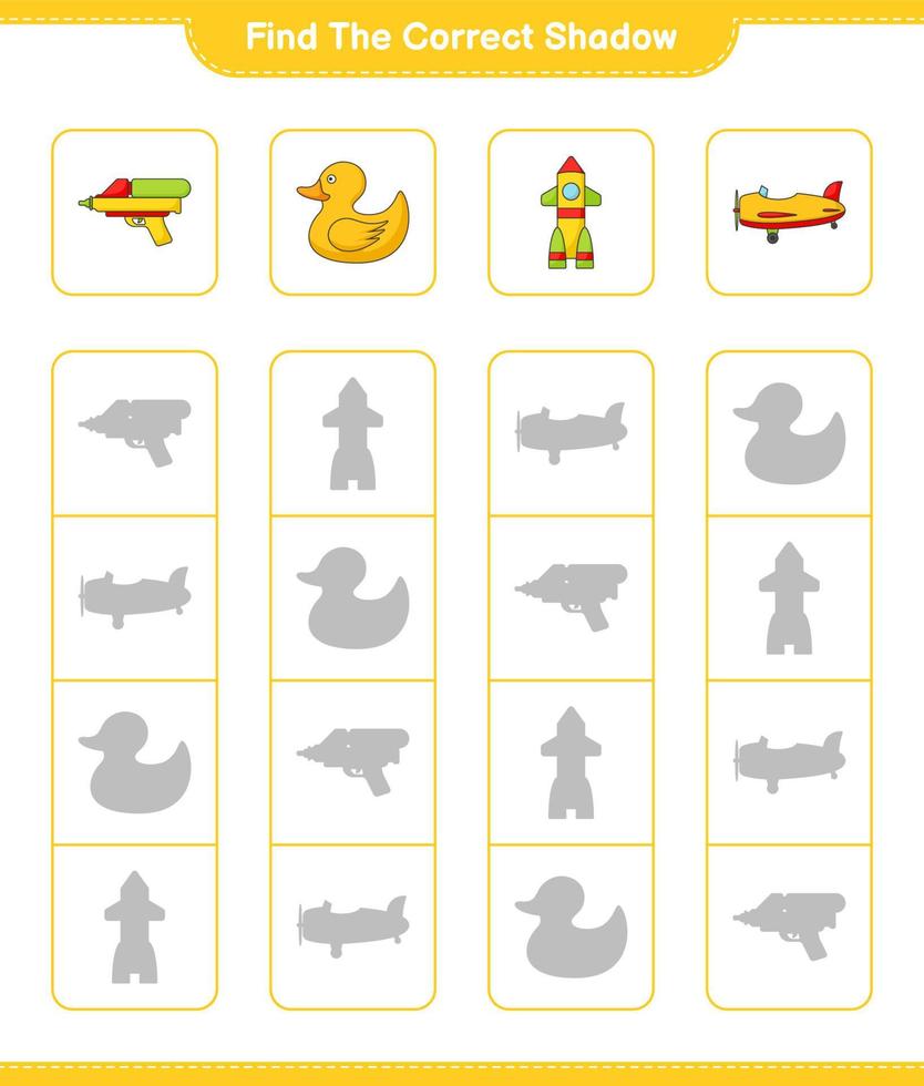 Find the correct shadow. Find and match the correct shadow of Plane, Rocket, Rubber Duck, and Water Gun. Educational children game, printable worksheet, vector illustration