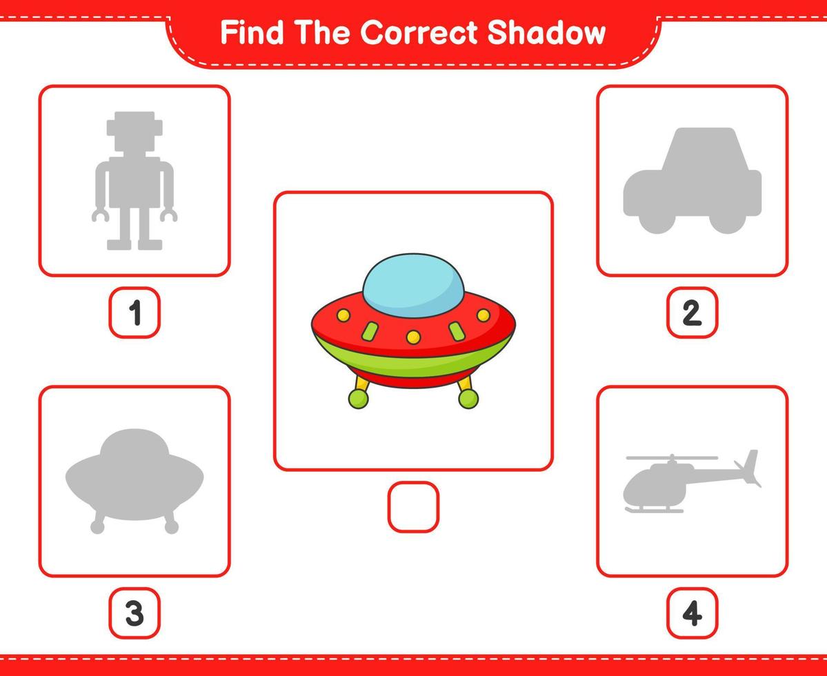 encontrar la sombra correcta. encuentra y combina la sombra correcta del ovni. juego educativo para niños, hoja de cálculo imprimible, ilustración vectorial vector