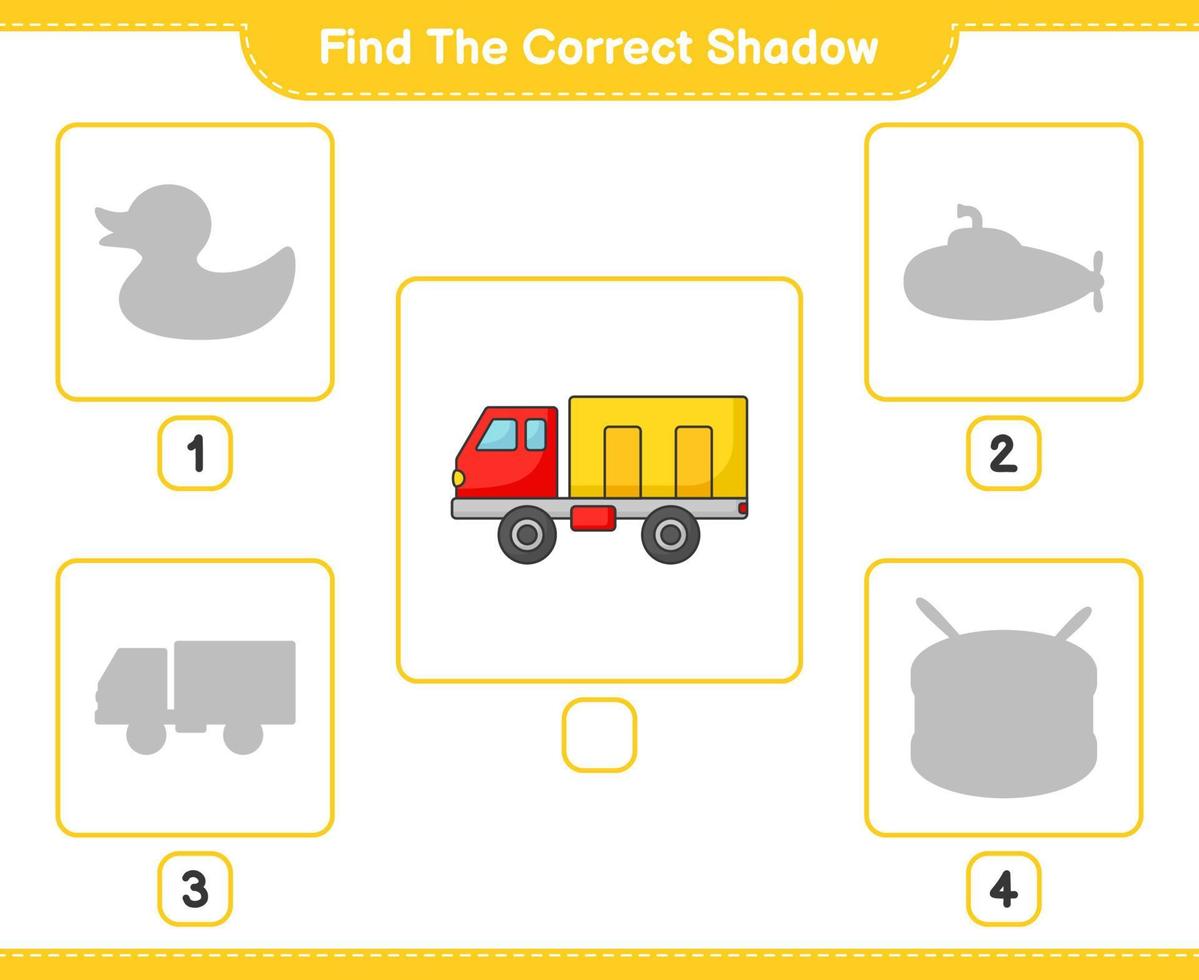 encontrar la sombra correcta. encontrar y hacer coincidir la sombra correcta del camión. juego educativo para niños, hoja de cálculo imprimible, ilustración vectorial vector