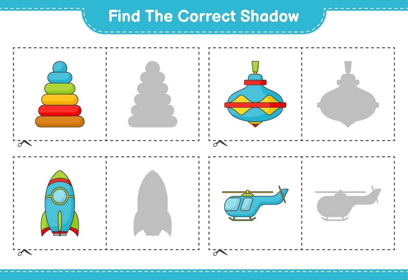 Find the correct shadow. Find and match the correct shadow of Pyramid Toy, Whirligig Toy, Rocket, and Helicopter. Educational children game, printable worksheet, vector illustration