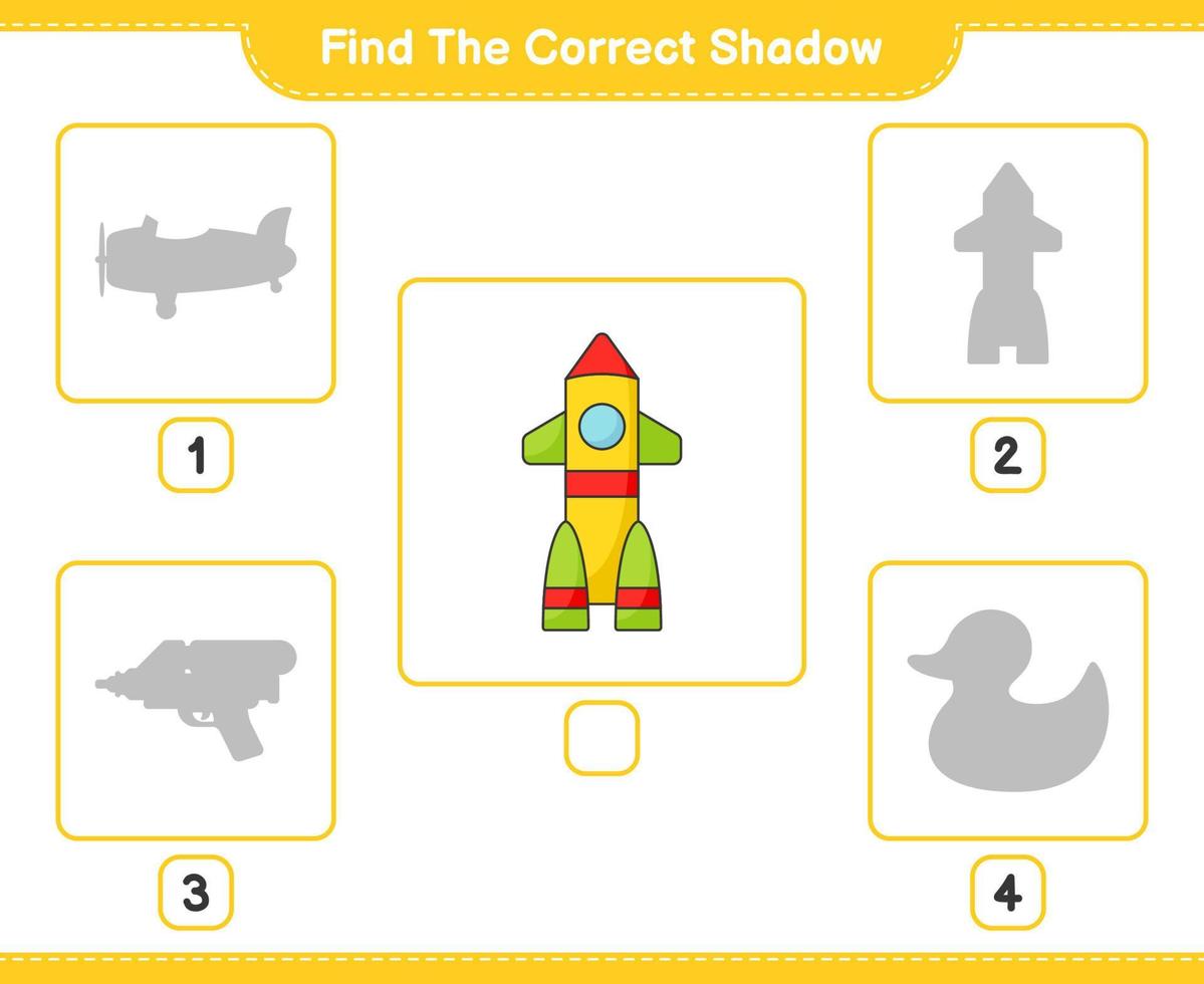 encontrar la sombra correcta. encuentra y combina la sombra correcta del cohete. juego educativo para niños, hoja de cálculo imprimible, ilustración vectorial vector