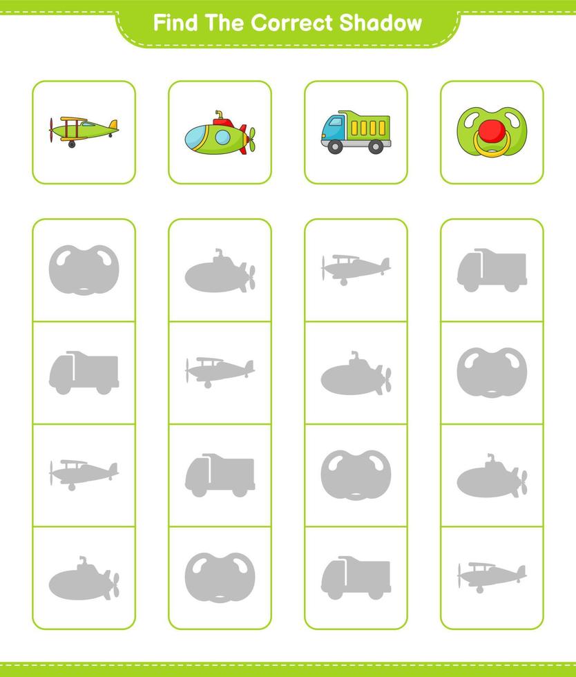 Find the correct shadow. Find and match the correct shadow of Lorry, Plane, Submarine, and Pacifier. Educational children game, printable worksheet, vector illustration