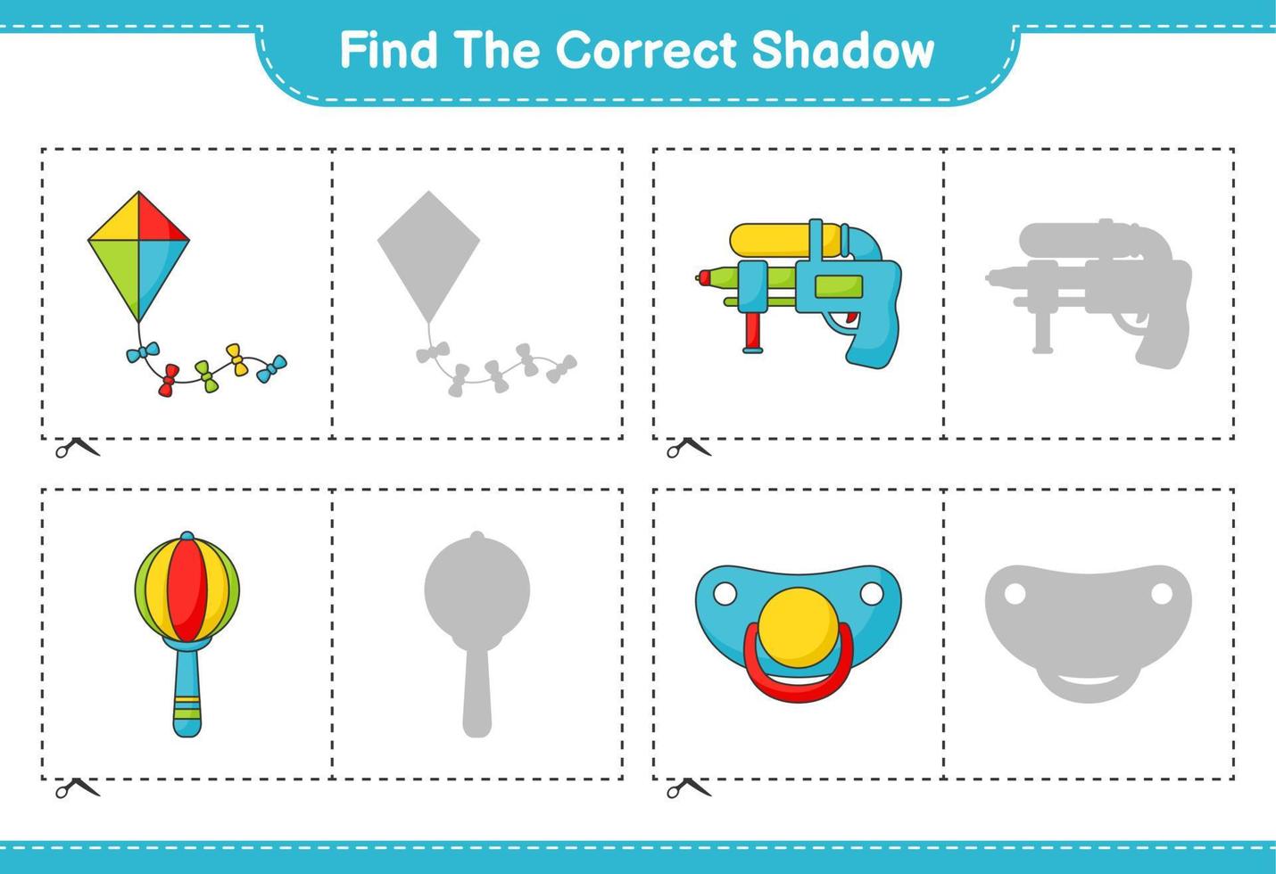 Find the correct shadow. Find and match the correct shadow of Kite, Water Gun, Baby Rattle, and Pacifier. Educational children game, printable worksheet, vector illustration