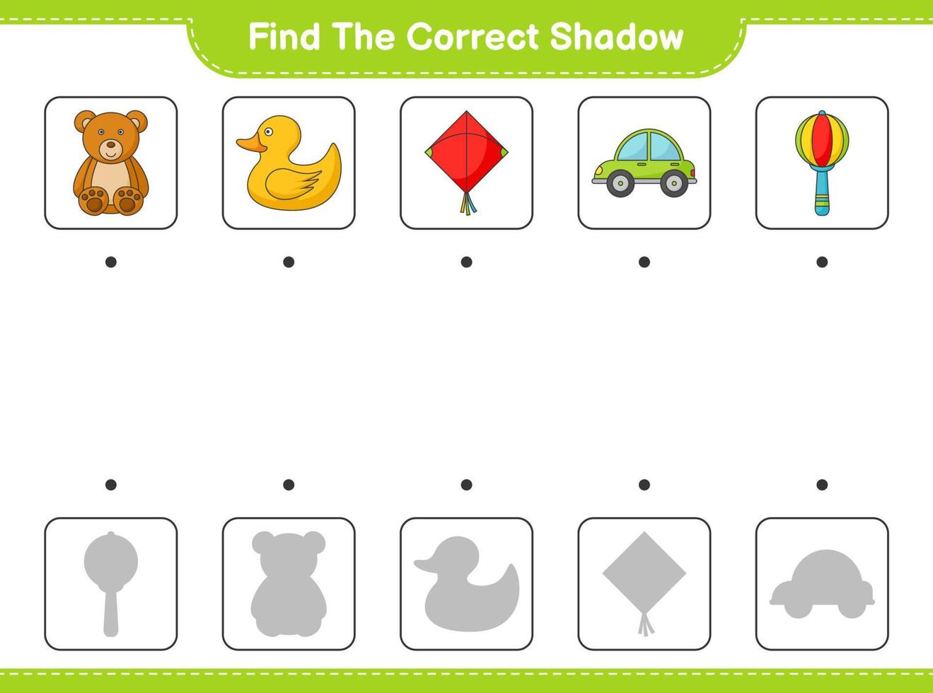 Find the correct shadow. Find and match the correct shadow of Kite, Car, Baby Rattle, Rubber Duck, and Teddy Bear. Educational children game, printable worksheet, vector illustration