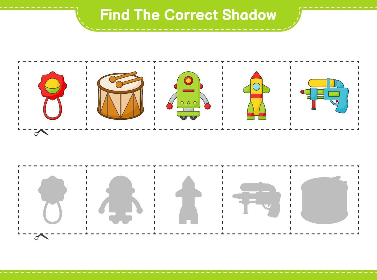 encontrar la sombra correcta. encuentra y combina la sombra correcta del sonajero, el personaje del robot, la pistola de agua, el cohete y el tambor. juego educativo para niños, hoja de cálculo imprimible, ilustración vectorial vector