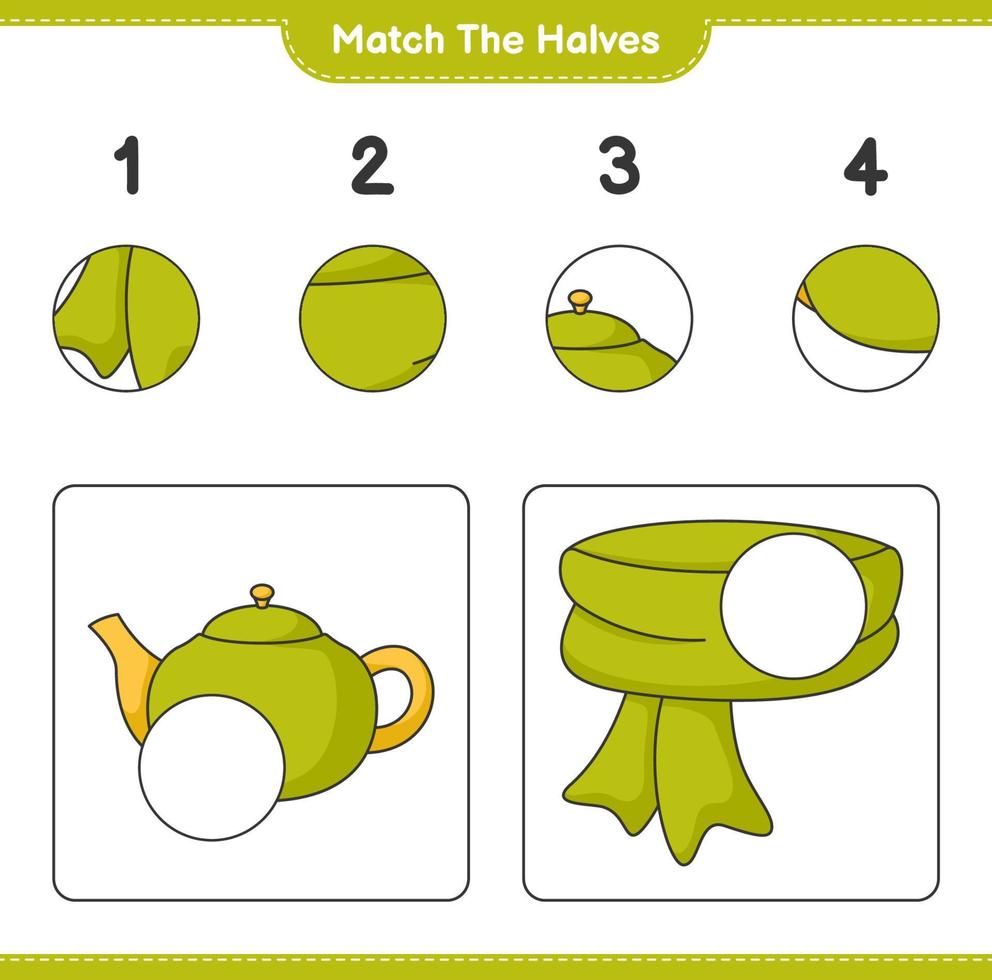 Match the halves. Match halves of Scarf and Teapot. Educational children game, printable worksheet, vector illustration