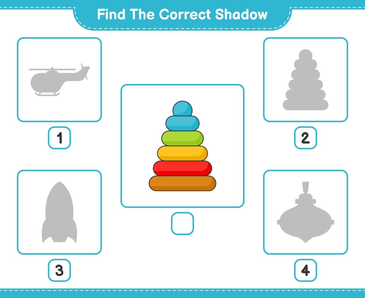 Find the correct shadow. Find and match the correct shadow of Pyramid Toy. Educational children game, printable worksheet, vector illustration