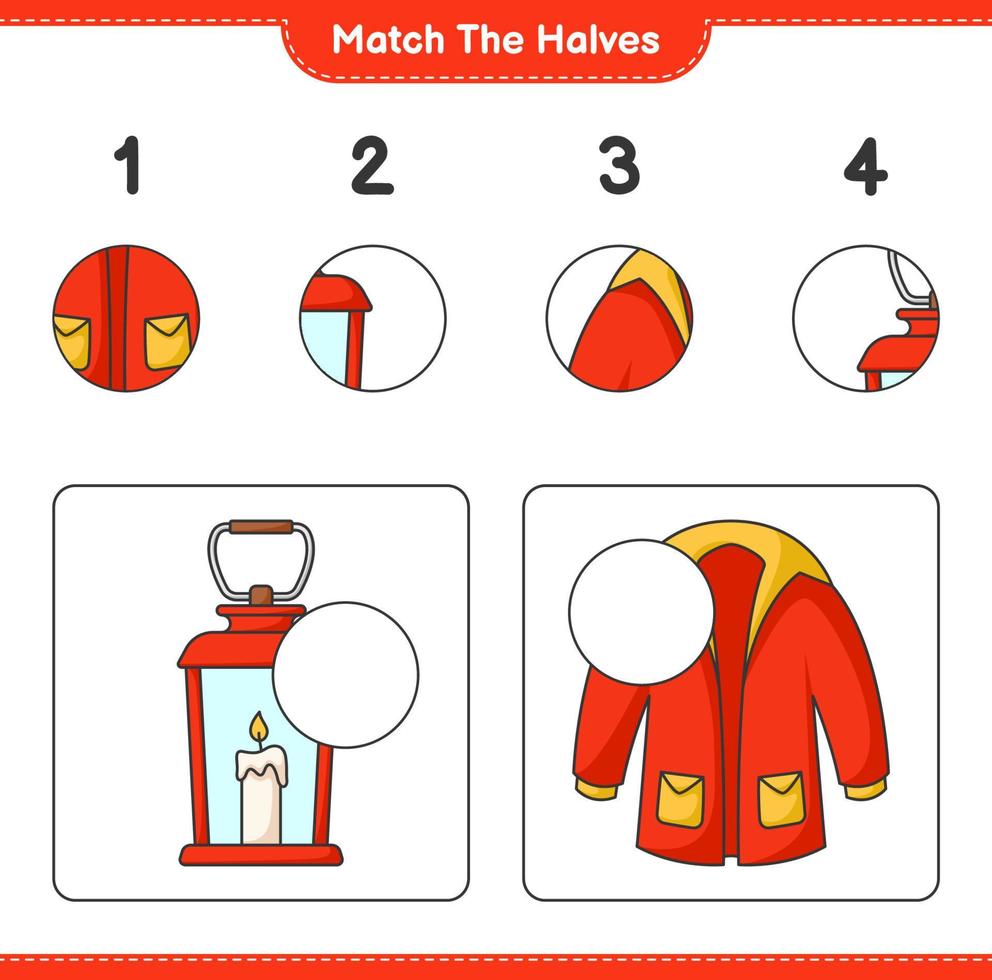 Match the halves. Match halves of Lantern and Warm Clothes. Educational children game, printable worksheet, vector illustration