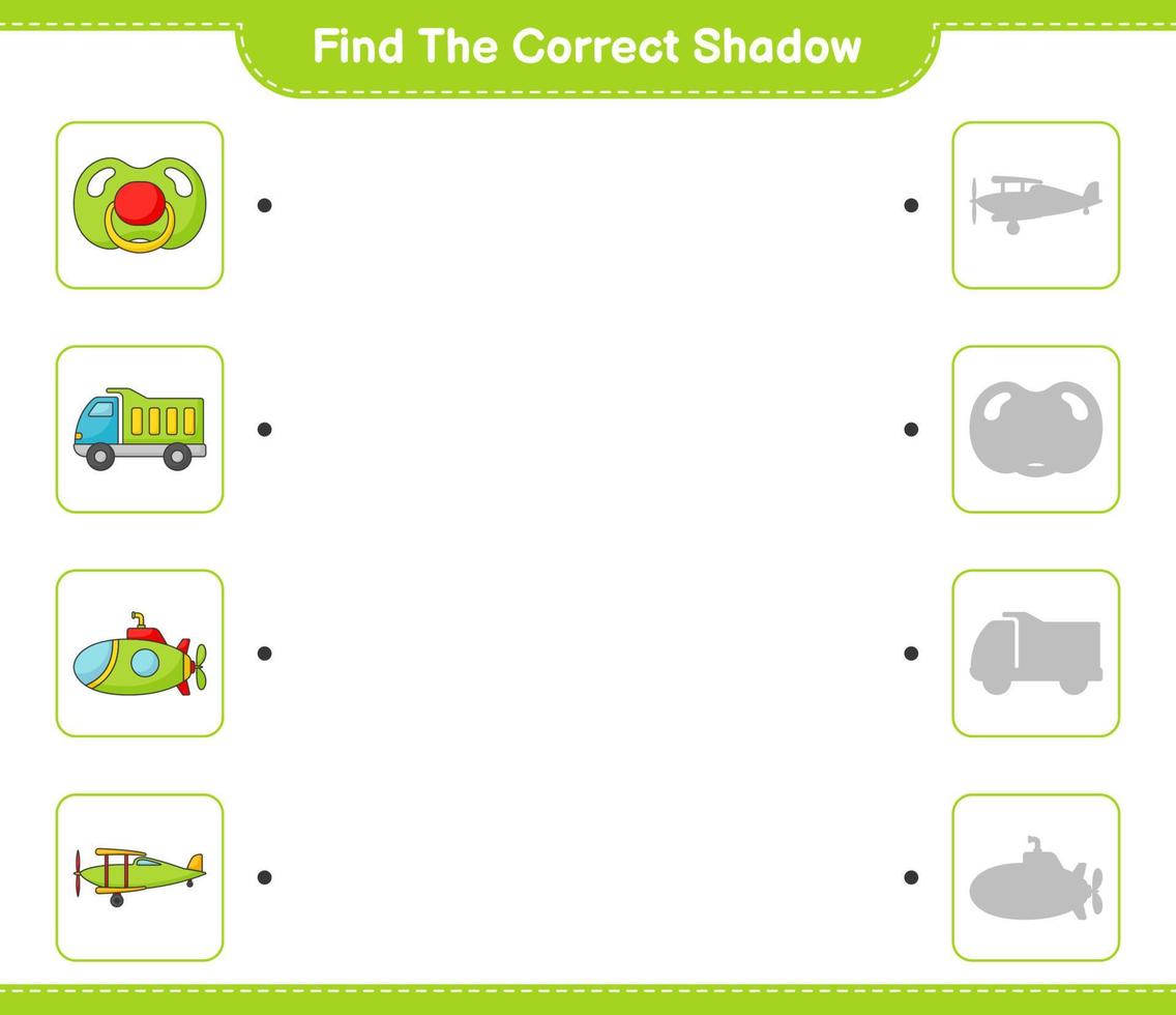 Find the correct shadow. Find and match the correct shadow of Lorry, Plane, Submarine, and Pacifier. Educational children game, printable worksheet, vector illustration