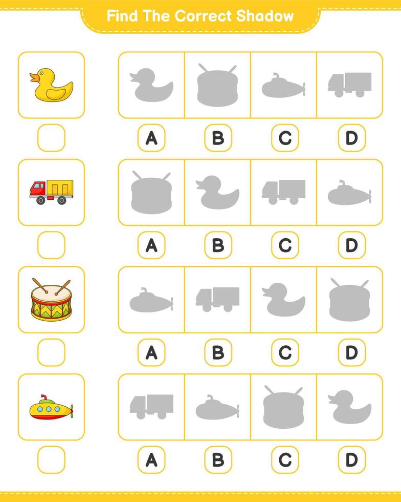 Find the correct shadow. Find and match the correct shadow of Submarine, Rubber Duck, Lorry, and Drum. Educational children game, printable worksheet, vector illustration