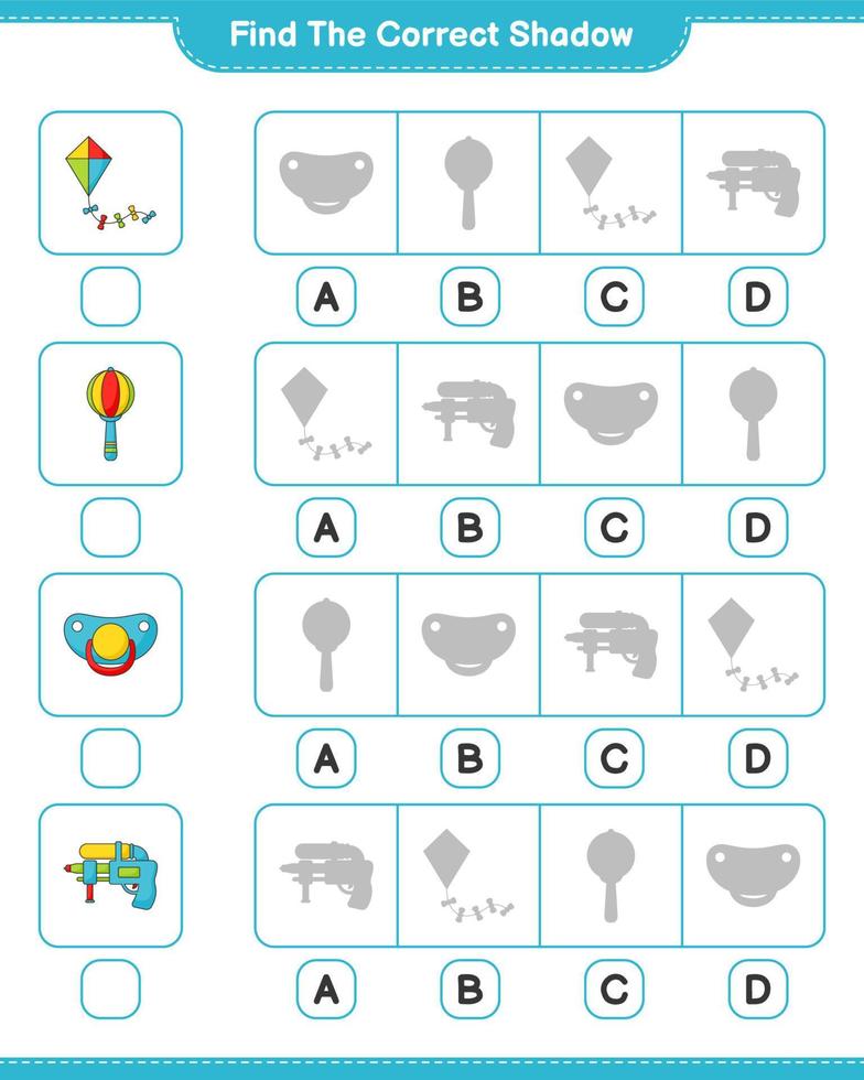 Find the correct shadow. Find and match the correct shadow of Kite, Water Gun, Baby Rattle, and Pacifier. Educational children game, printable worksheet, vector illustration