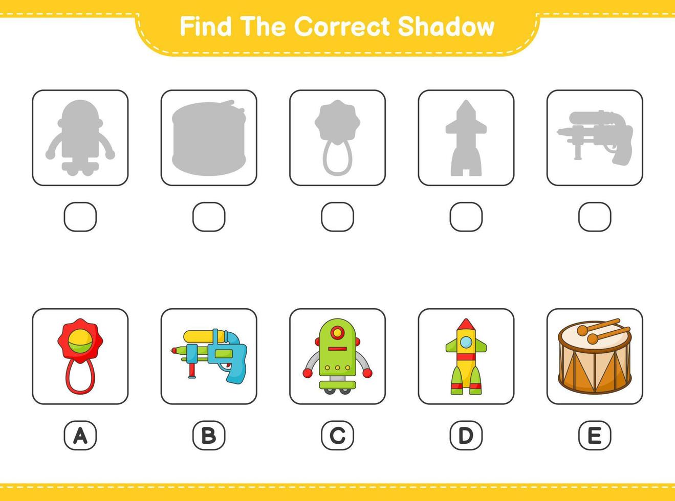 Find the correct shadow. Find and match the correct shadow of Baby Rattle, Robot Character, Water Gun, Rocket, and Drum. Educational children game, printable worksheet, vector illustration