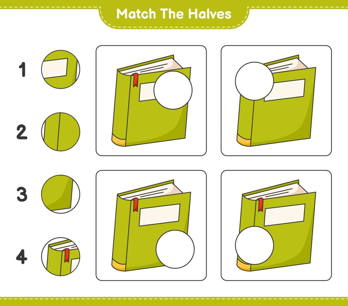 Match the halves. Match halves of Book. Educational children game, printable worksheet, vector illustration