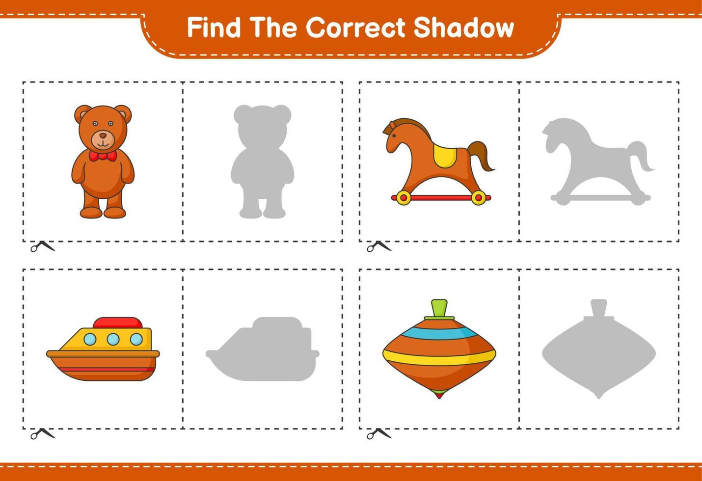 Find the correct shadow. Find and match the correct shadow of Teddy Bear, Rocking Horse, Boat, and Whirligig Toy. Educational children game, printable worksheet, vector illustration