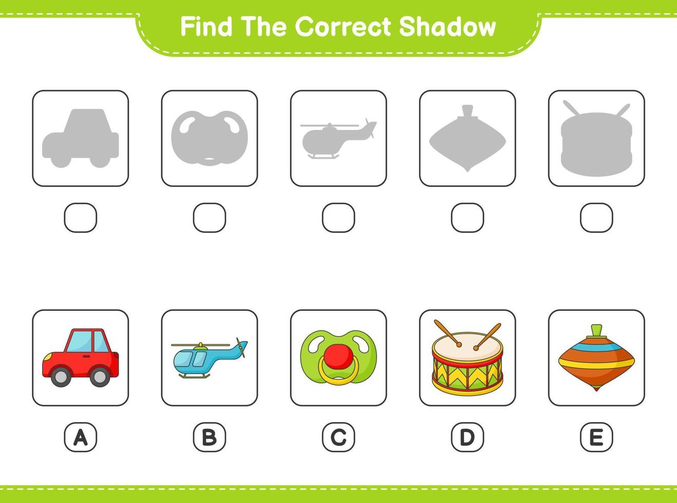 Find the correct shadow. Find and match the correct shadow of Pyramid Car, Pacifier, Helicopter, Drum, and Whirligig Toy. Educational children game, printable worksheet, vector illustration