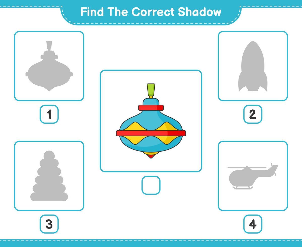 encontrar la sombra correcta. encuentra y combina la sombra correcta del juguete de perinola. juego educativo para niños, hoja de cálculo imprimible, ilustración vectorial vector