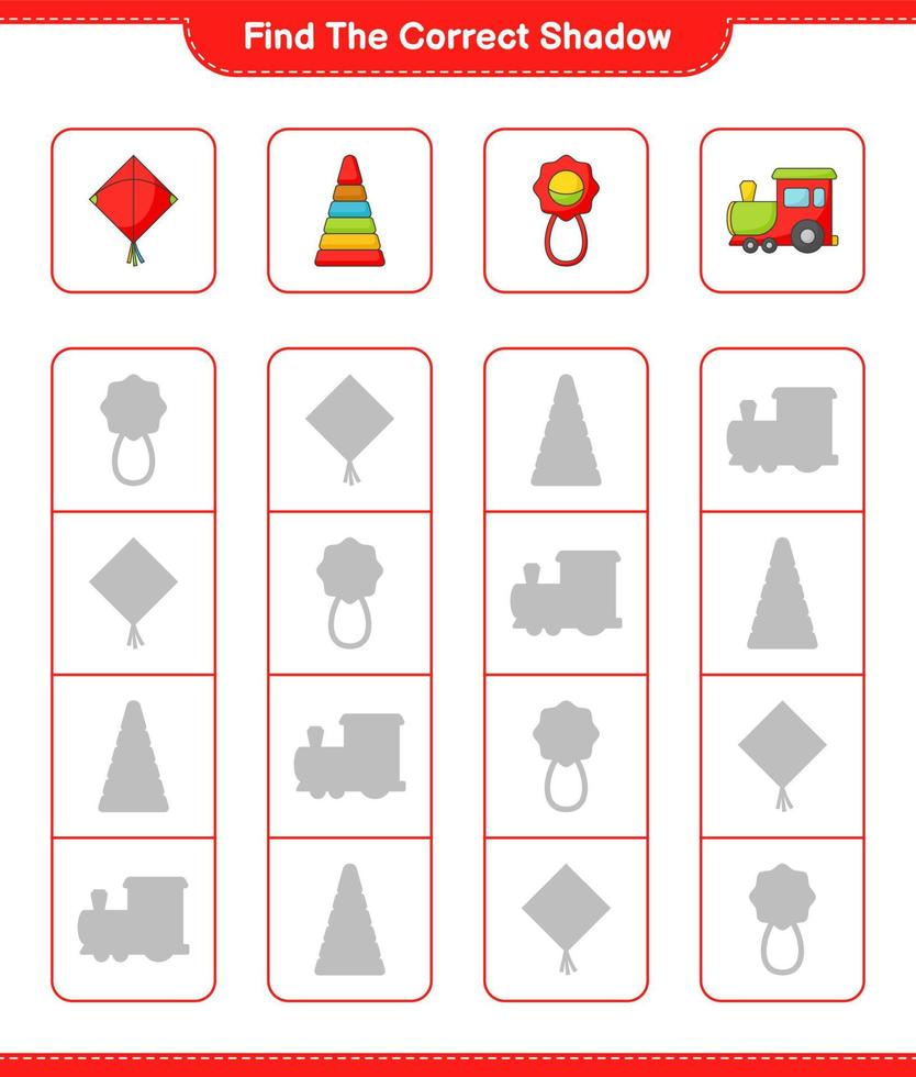Find the correct shadow. Find and match the correct shadow of Pyramid Toy, Baby Rattle, Kite, and Train. Educational children game, printable worksheet, vector illustration